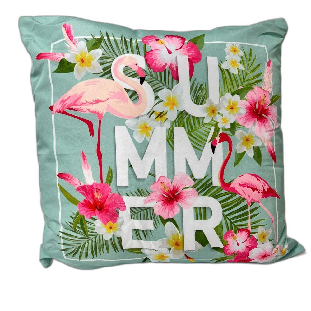 decorative summer pink flamingo and floral pillow.